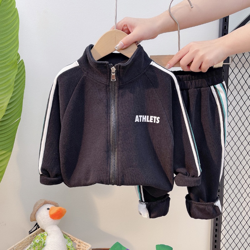 Bộ Áo Khoác Tay Dài Có Khóa Kéo In Chữ + Quần Dài Thể Thao Phong Cách Hàn Quốc Kiểu Mới Cho Bé Trai Gái 80-120cm