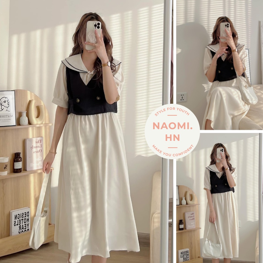 Váy babydoll dáng dài cổ thuỷ thủ mix kèm yếm 2 màu độc lạ. Váy sơ mi dáng dài babydoll kèm yếm { Mua 1 được 2 }