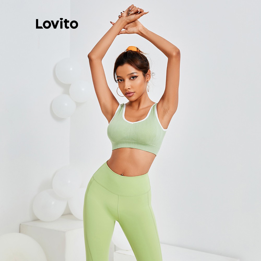 Áo Lovito cổ V dáng ôm siêu co giãn ghép nối màu sắc thoải mái L13X110 (màu xám / xanh lục)