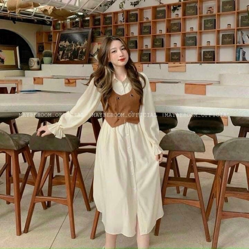 Đầm nữ phối gile,set đầm nữ dài nâu,set đồ nữ style hàn xẻng siêu xinh cực chất