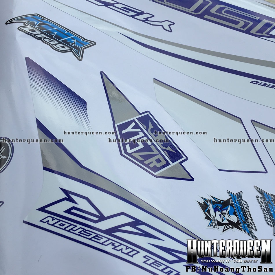 Tem rời dán xe Exciter 150 xanh GP. Decal cao cấp Y15ZR phối trắng bạc
