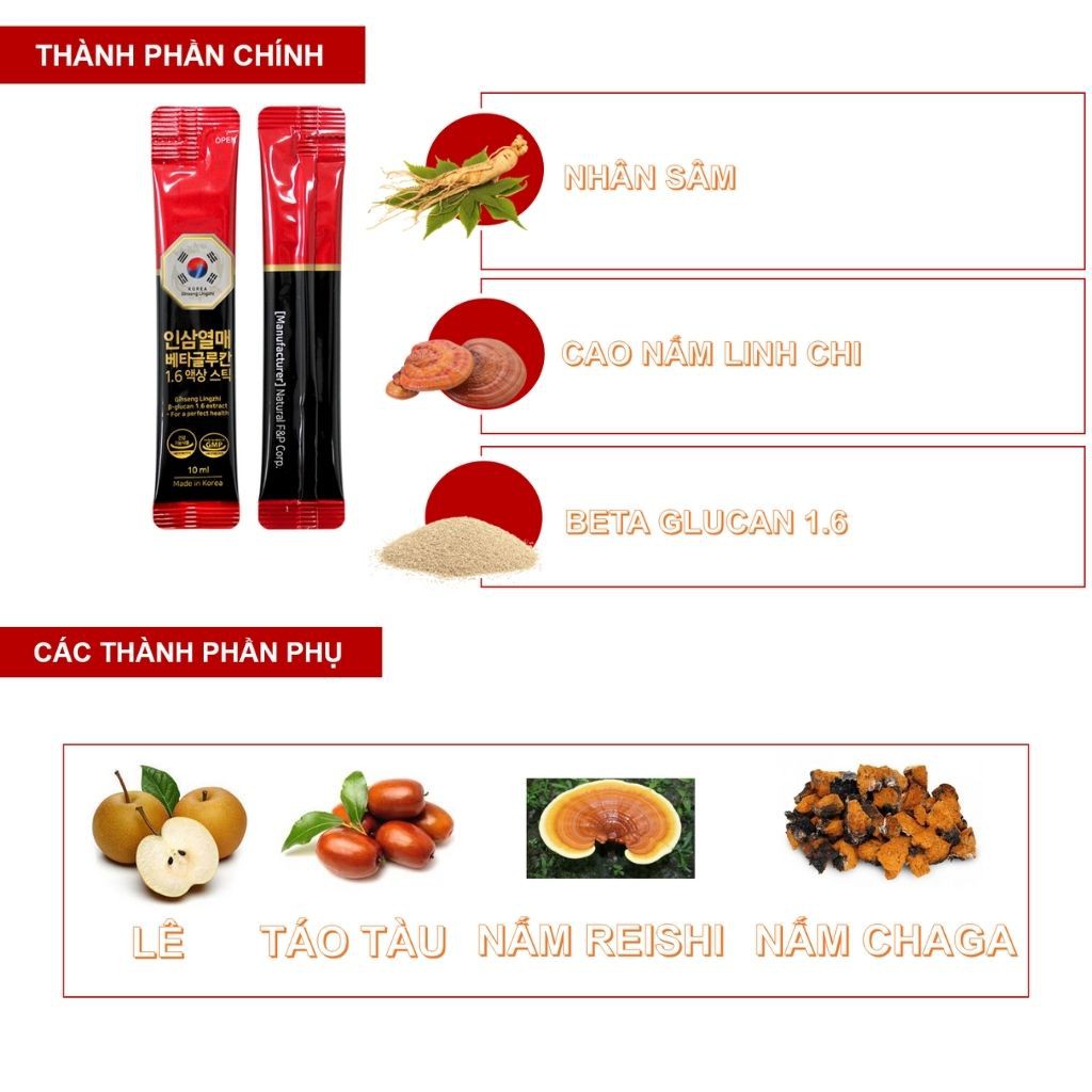 Nhân sâm Linh chi Beta Glucan 1.6 Extract Giúp Tăng Cường Sức Đề Kháng, Phục Hồi Sức Khoẻ (Hộp 30 gói)
