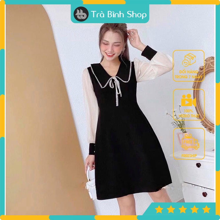 Đầm dáng dài cổ bẻ thắt nơ Váy umi xòe suông dài tay phối voan