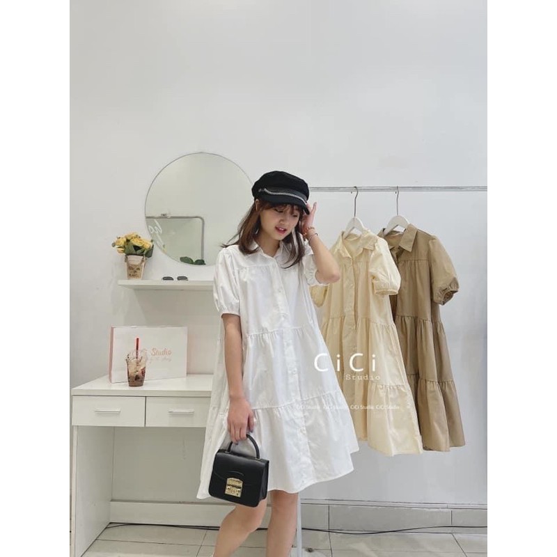 Váy Babydoll tay ngắn cổ đức - Đầm Babydoll dáng sơmi xoè 3 tầng