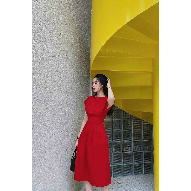 ĐẦM MIDI ĐỎ BO EO TAY TIÊN