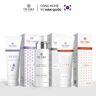 Bộ sản phẩm Truesky VIP14 gồm 1 kem ủ trắng toàn thân 100ml & 1 kem dưỡng trắng lavender 100ml & 1 tẩy tế bào chết 100ml