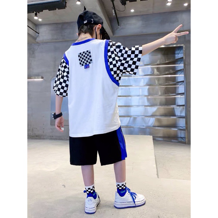 Bộ đồ bé trai Con Xinh cotton hình in gấu SUBO tay phối caro,thời trang dành cho trẻ em từ 4 đến 10 tuổi