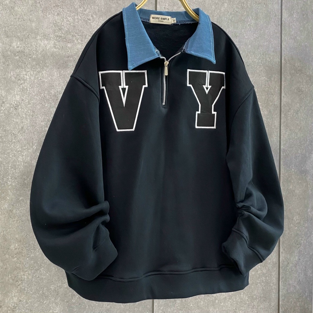 Áo Sweater Polo Phối Dây Kéo V.Y Form Rộng Vải Nỉ Lót Bông Dày Dặn Ulzzang Unisex