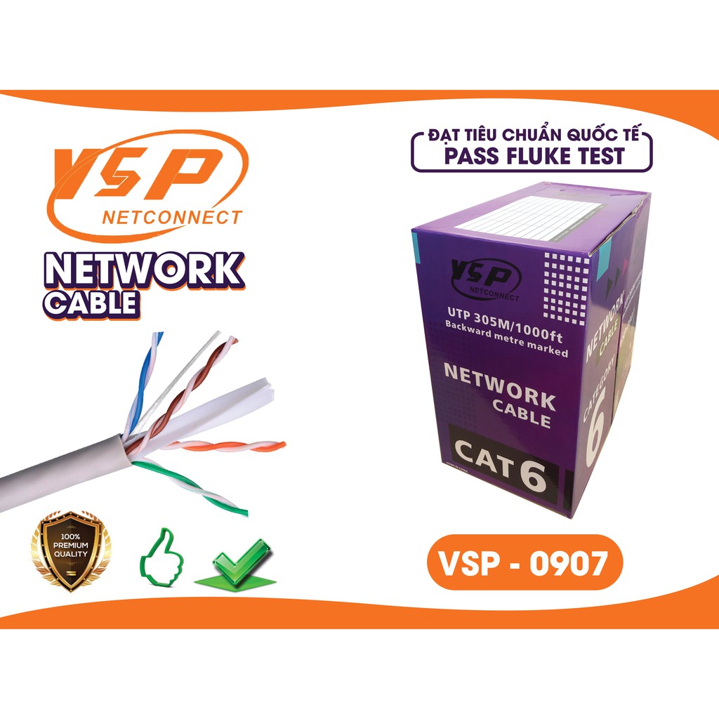 Thùng cáp mạng VSP UTP CAT6 0907 dài 305m( ruột vỏ màu xanh)