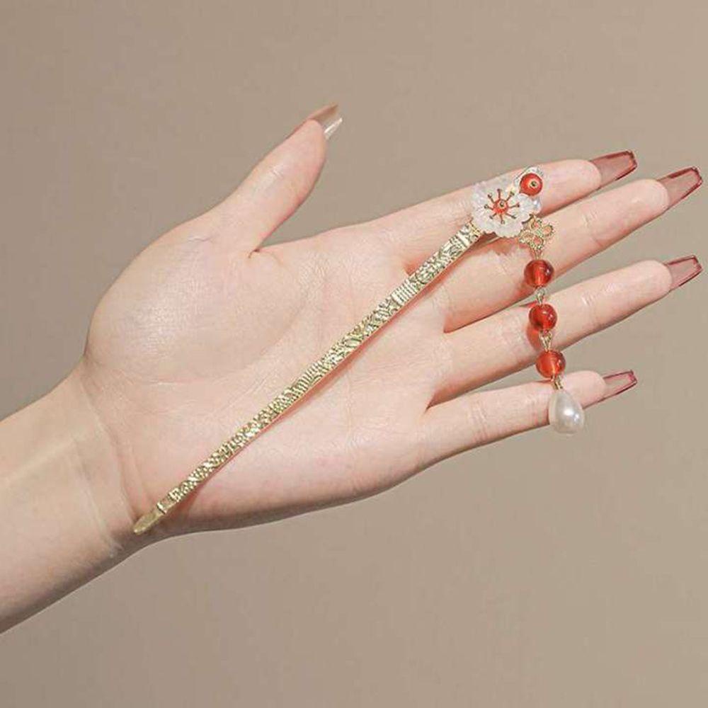 Trâm Cài Tóc Dài Bằng Kim Loại Đính Hạt Đậu Đỏ Phong Cách Hanfu Sáng Tạo Cho Nữ Wmes1