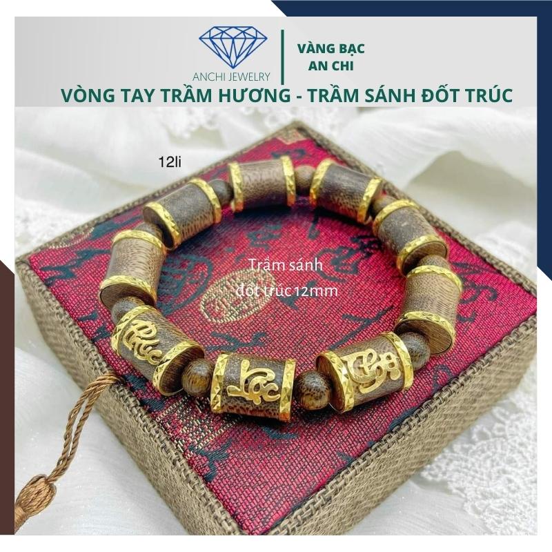 Vòng tay trầm hương nam sánh chìm hạt đốt trúc bọc inox mạ vàng, Anchi jewelry