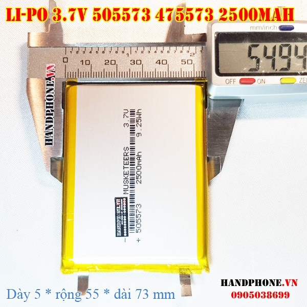 Pin Li-Po 3.7V 2500mAh 505573 475573 (Lithium Polymer) cho điện thoại, loa Bluetooth, định vị GPS, camera hành trình