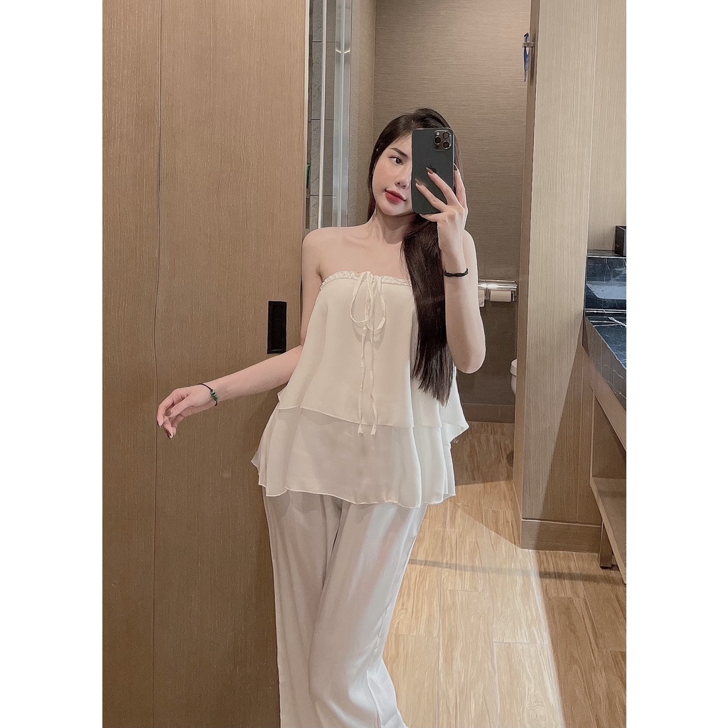 Đồ mặc nhà 2 dây yếm Sexy lụa slatin Siêu Mát