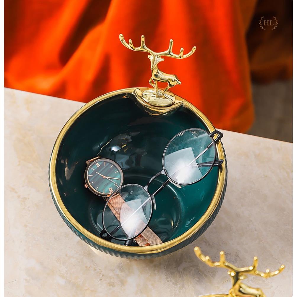 Bát Sứ Đựng Kẹo - Chìa Khóa - Phụ Kiện Decor 2022 | Âu Sứ Decor Kẻ Vàng Kim Vân Nổi Hình Hươu Mạ Vàng ( Hàng Có Sẵn )