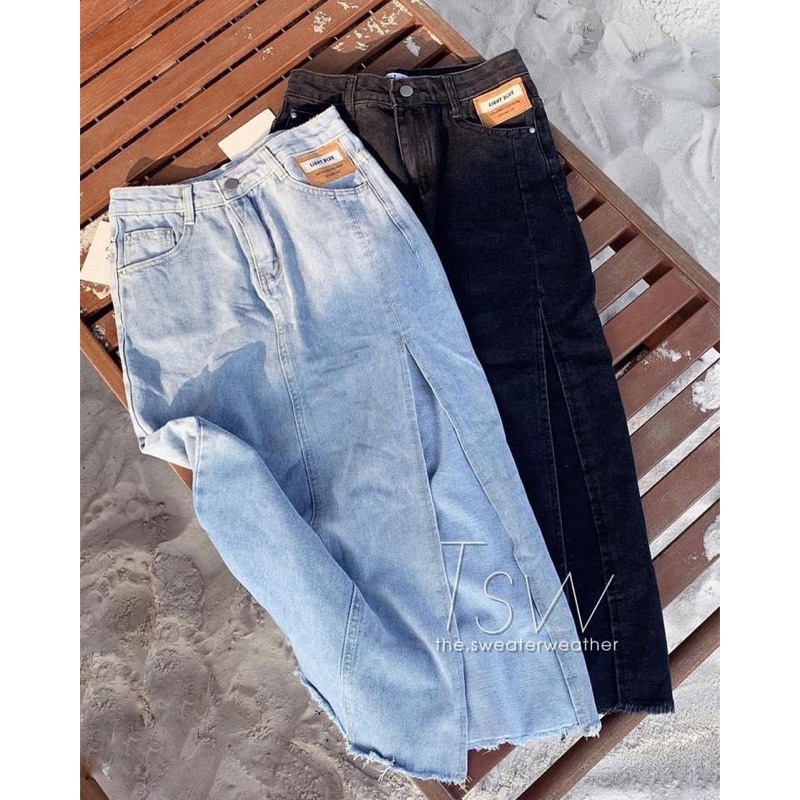 Chân váy jean, váy bò xẻ unisex dáng dài phối mác da túi | BigBuy360 - bigbuy360.vn