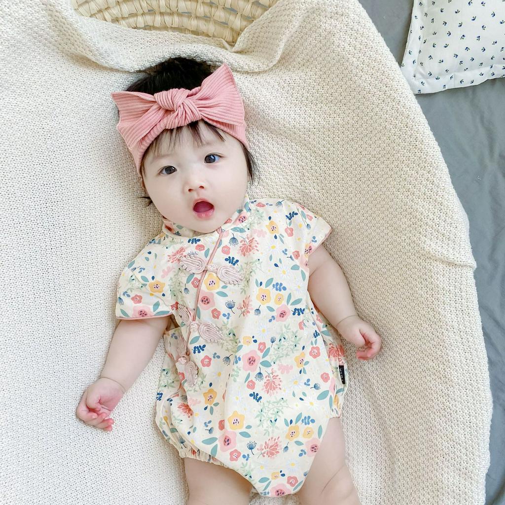 Bộ Áo Liền Quần Tay Ngắn Và Băng Đô Nơ Cài Tóc Dành Cho Bé Gái