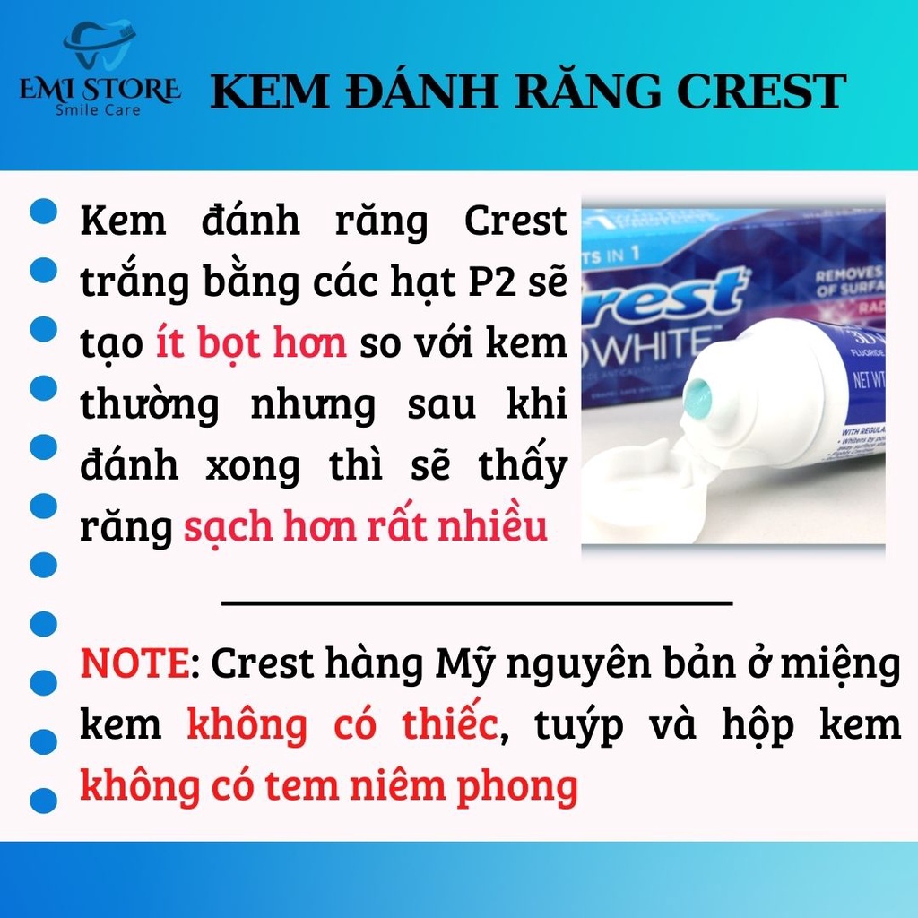 Kem đánh răng Crest 3D White - Răng trắng sáng tự nhiên, bảo vệ men răng 24h