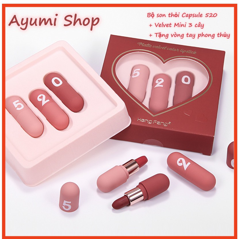 Bộ son thỏi học sinh Capsule 520 Velvet Mini 3 cây + Quà tặng Vòng tay phong thủy