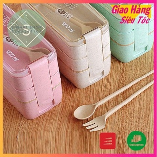 Hộp đựng cơm/thức ăn Lúa mạch 3 tầng sang trọng, 3 màu pastel kèm muỗng/thìa