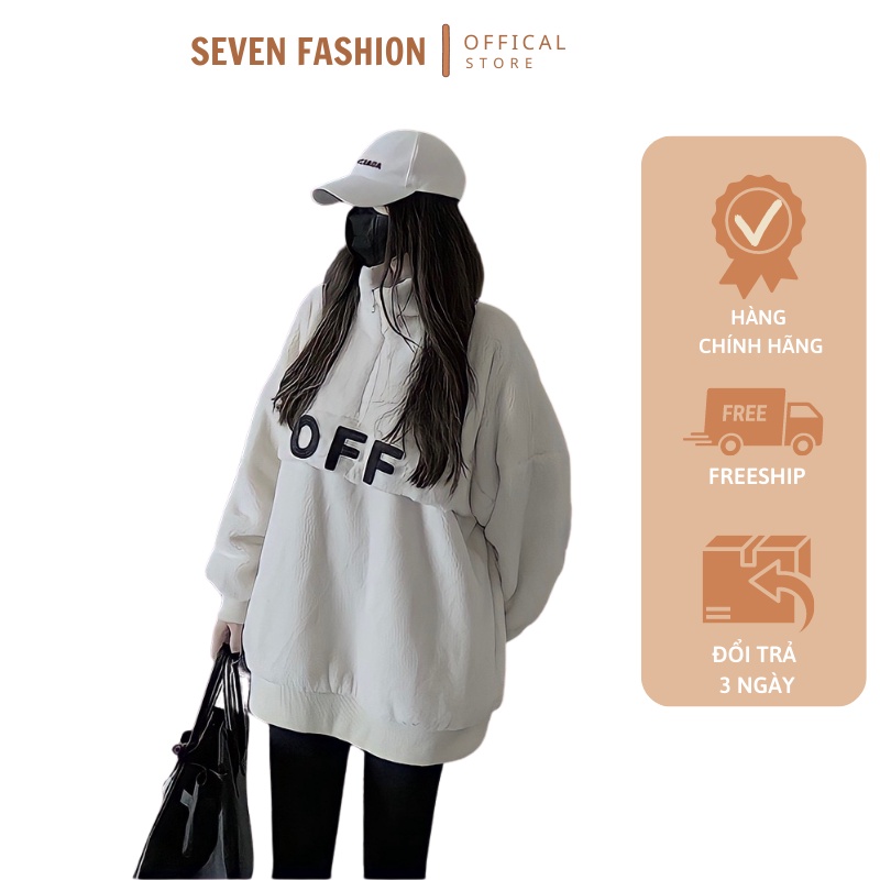 Áo Sweater unisex Vải Lông OFF Chữ Thêu Áo Nữ Cổ Cao Dáng Thụng G0221
