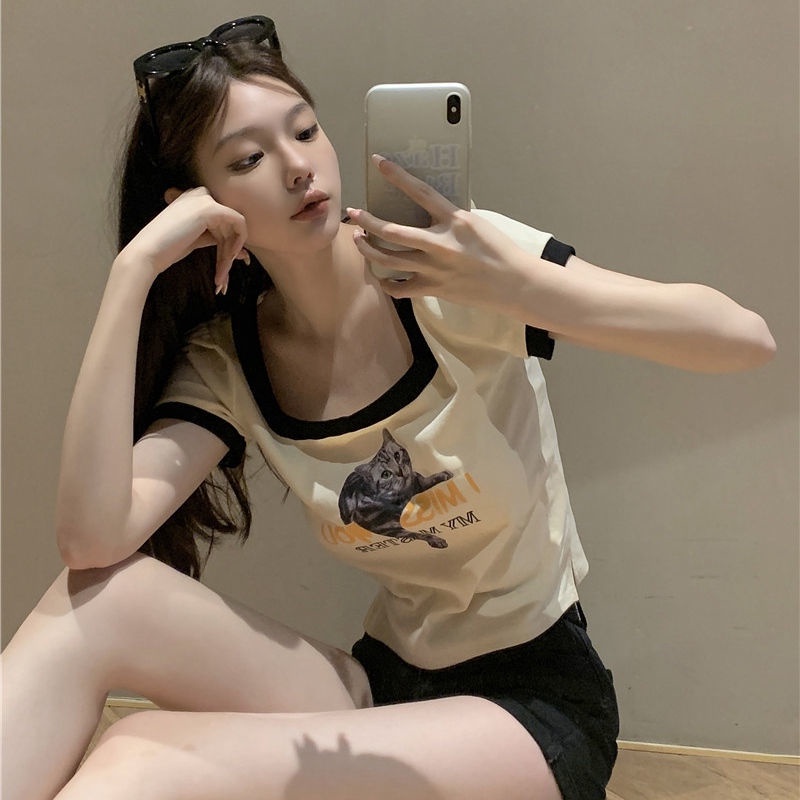 Áo thun COZOK ngắn tay cổ vuông in hình mèo phong cách cổ điển dễ phối đồ