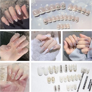 (Hàng Mới Về) Bộ 24 Móng Tay Giả Đính Ngọc Trai Kim Cương Giả Phong Cách Nhật Bản