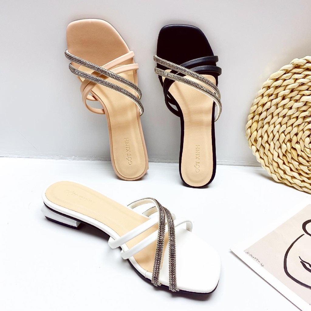 Dép cao gót nữ GÓT XINH D53 quai chéo đính đá đế cao 2cm