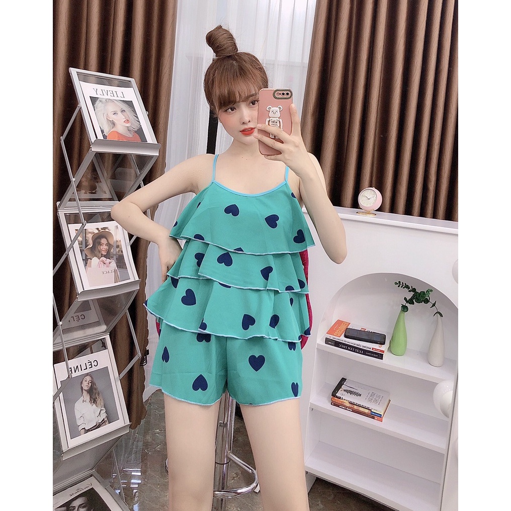 Set đồ ngủ nữ 2 dây nhỏ 3 tầng mãu họa tiết lạ siêu xinh -giao màu ngẫu nhiên tương tự freesize dưới 57kg