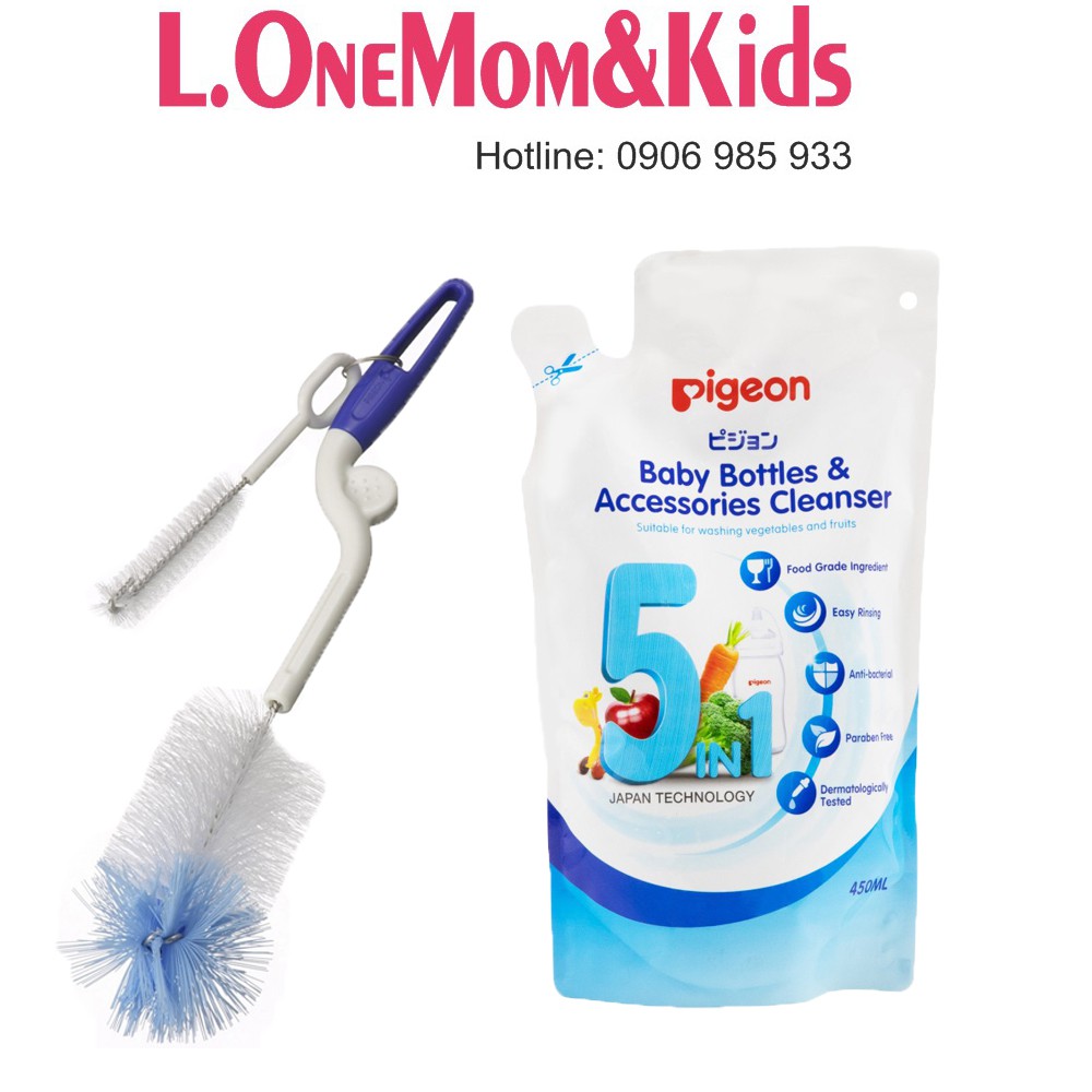 Combo Cây súc rửa bình sữa xoay 2 chiều và Nước súc bình sữa bịch 450ml pigeon