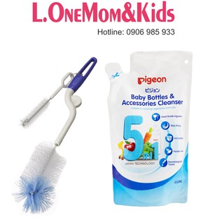 Combo Cây súc rửa bình sữa xoay 2 chiều và Nước súc bình sữa bịch 450ml pigeon