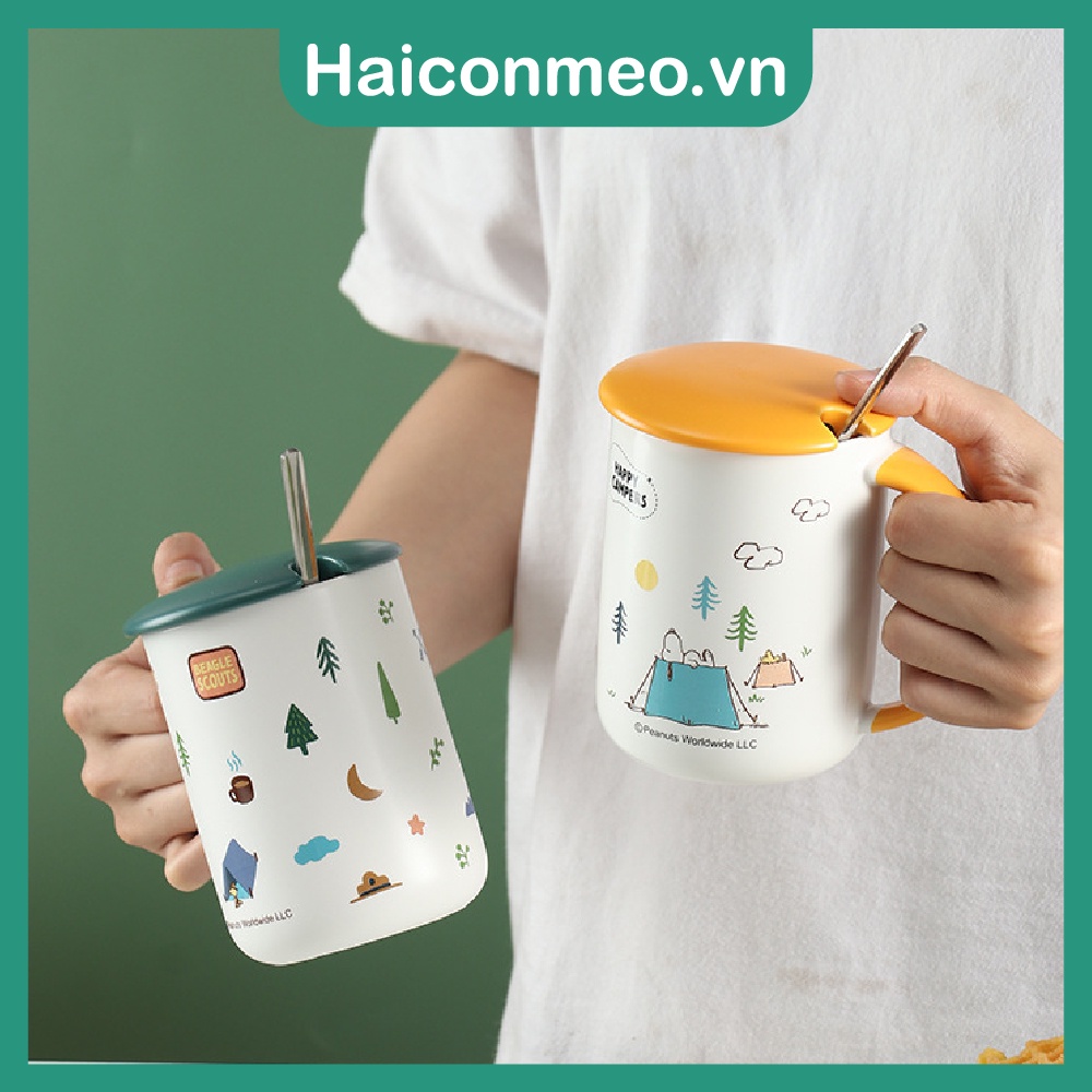 Ly cốc sứ quà tặng dễ thương Hình Chú Chó Snoopy tặng thìa 400ml