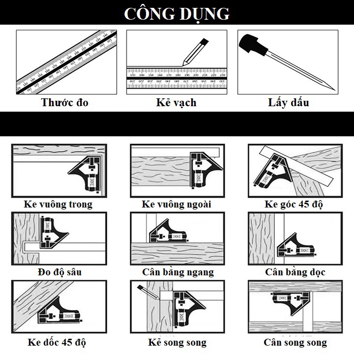 Thước đo góc đa năng, thước ke góc vuông 30cm
