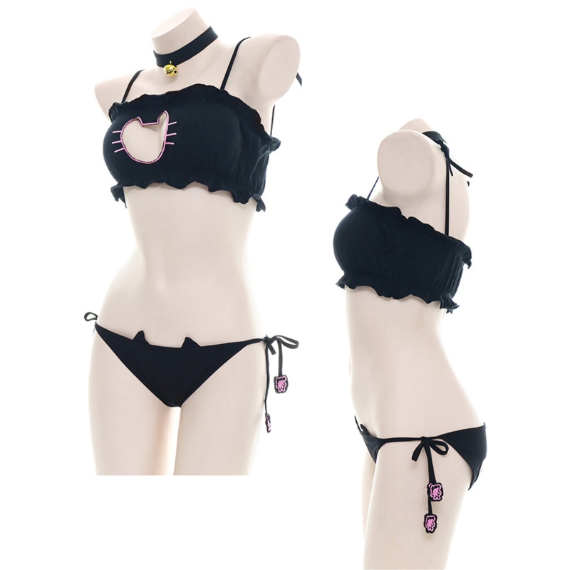 Youyo Bộ Đồ Lót Hóa Trang Mèo Có Lỗ Tai Lông Xù + Băng Đô Ren Gợi Cảm Cho Nữ