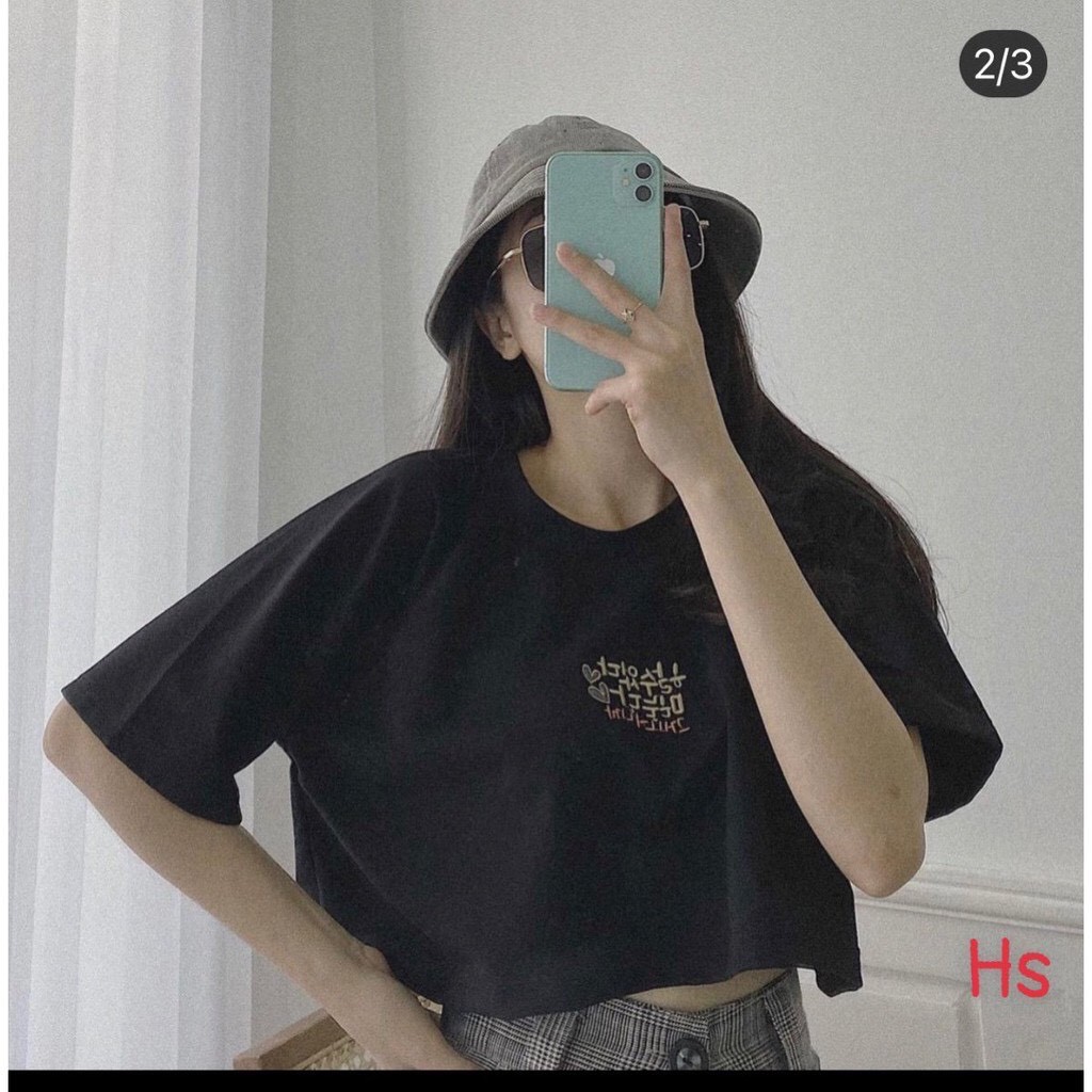 Áo Croptop Nữ Chữ Hàn Tay Lỡ 🦋FREESHIP🦋 Áo Ngắn Nữ Chữ Thêu 2 Màu