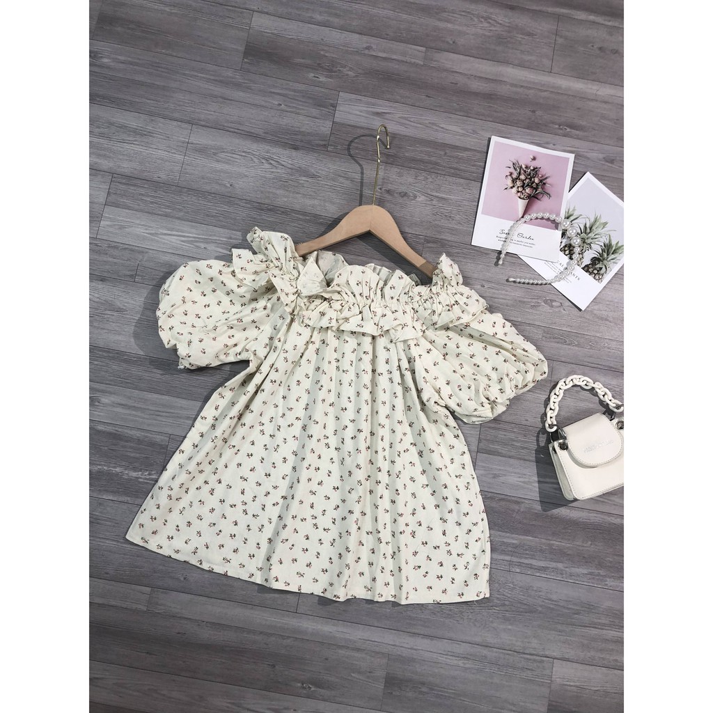 Áo thiết kế trễ vai hoa nhí ngắn tay bo chun bèo cổ MQ CLOTHING áo nữ hai kiểu dáng họa tiết nhẹ nhàng nữ tính