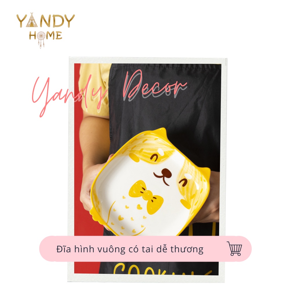 Đĩa sứ vuông cute YANDY HOME D06 hình cún mèo cú ngộ nghĩnh dễ thương