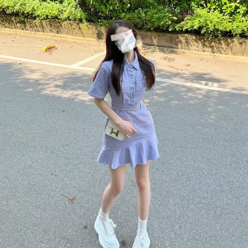 Đầm denim IELGY cổ bẻ ôm eo phong cách Pháp xinh xắn cho nữ