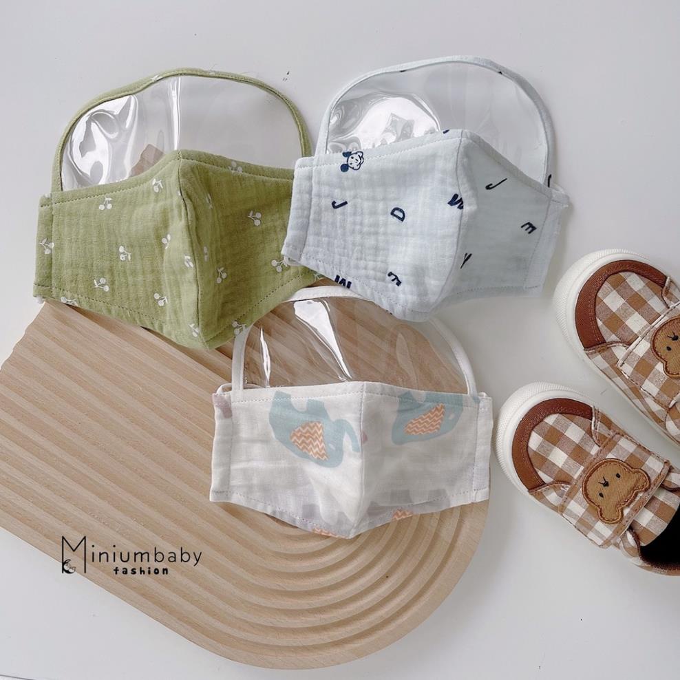 Combo 3 khẩu trang chống bụi có kính chắn xô muslin Minium, họa tiết ngộ nghĩnh đáng yêu-KC1150