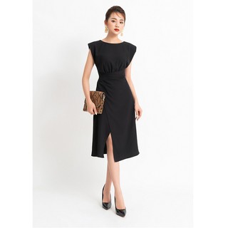 Đầm nữ công sở 92WEAR 2 MÀU, đủ size, dáng xòe vạt chéo thân dưới DEA1231