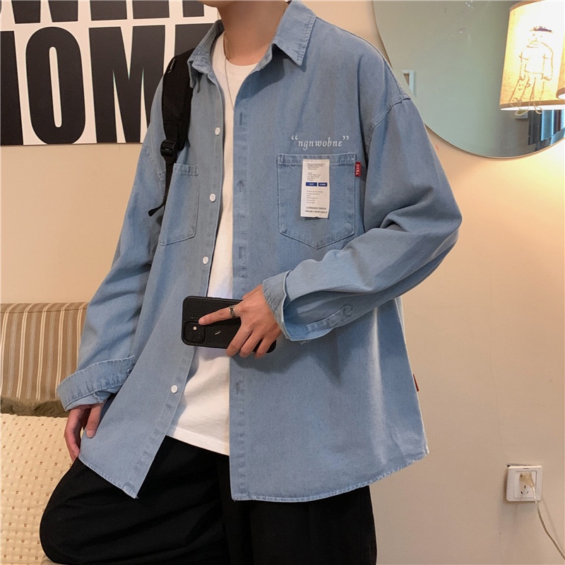 Áo sơ mi khoác ngoài vải denim tay dài thời trang đường phố mùa xuân hè thường ngày dành cho nam