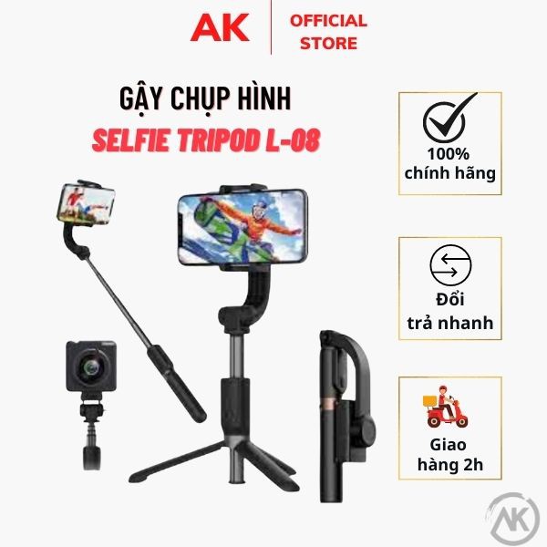 Gậy chụp hình Selfie  CAO CẤP  Gậy Chống Rung Gimbal Stabilizer L08 - Có 3 Chân Đỡ - Nút Bấm Bluetooh Hàng Cao Cấp