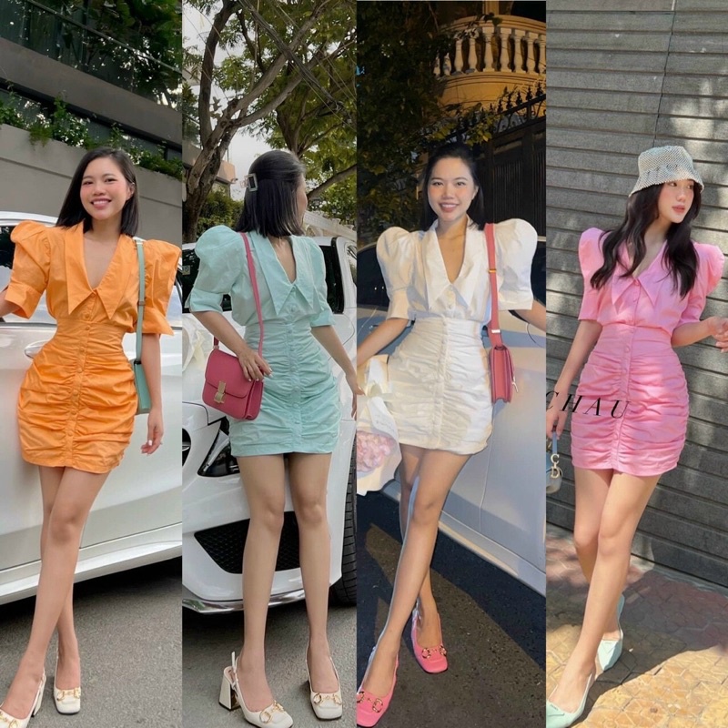 SET ÁO NÚT BỌC CỔ NHỌN CHÂN VÁY NHÚN
