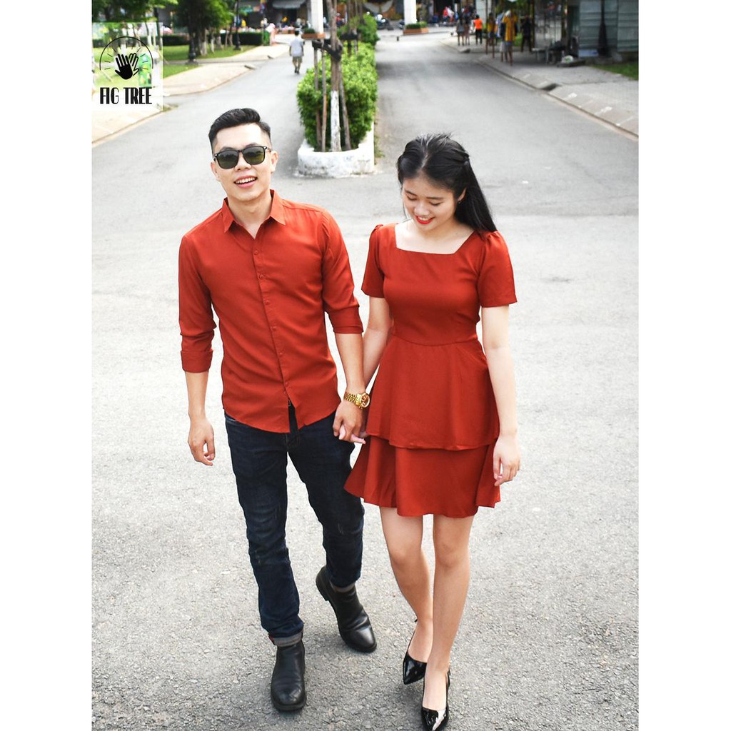 Áo sơ mi váy cặp màu cam gạch siêu hot đủ size( xem bảng size)