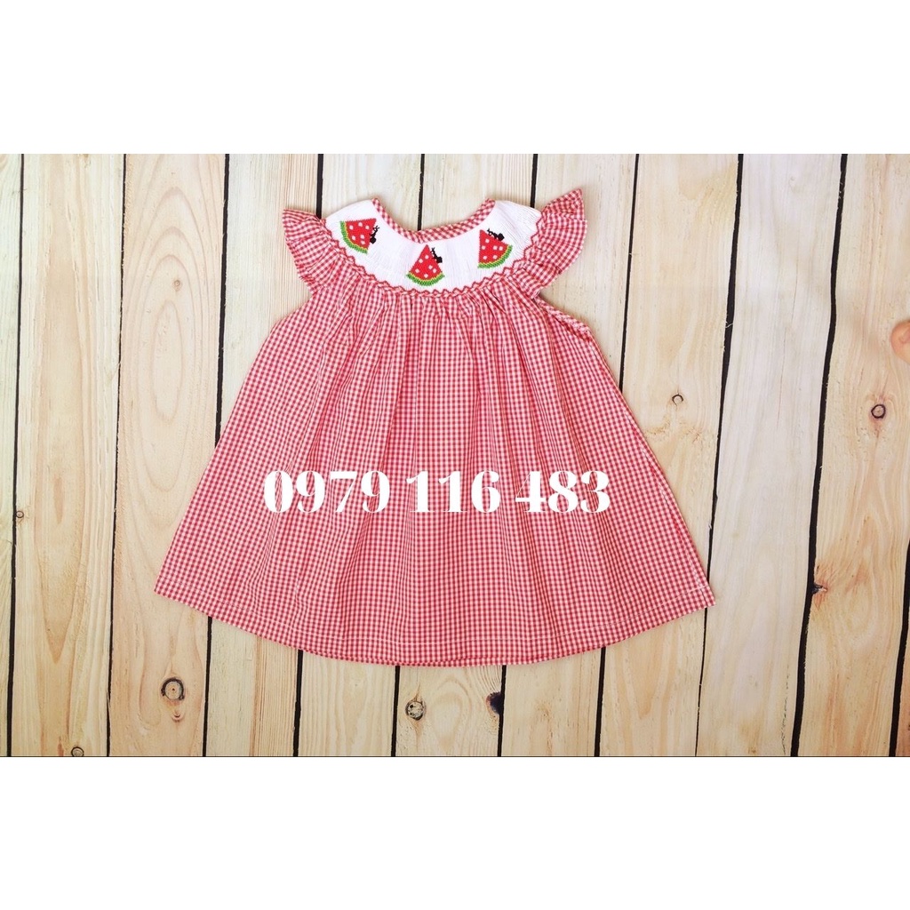 Đầm smock bé gái caro đỏ thêu họa tiết dưa hấu
