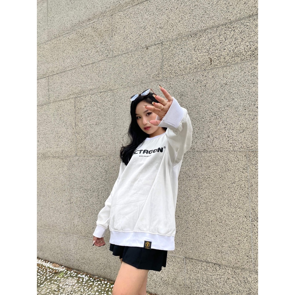 Áo Sweater Nỉ Bông Cổ Tròn Basic OCTAGON Màu Trắng Form Rộng Phong Cách Năng Động SS01