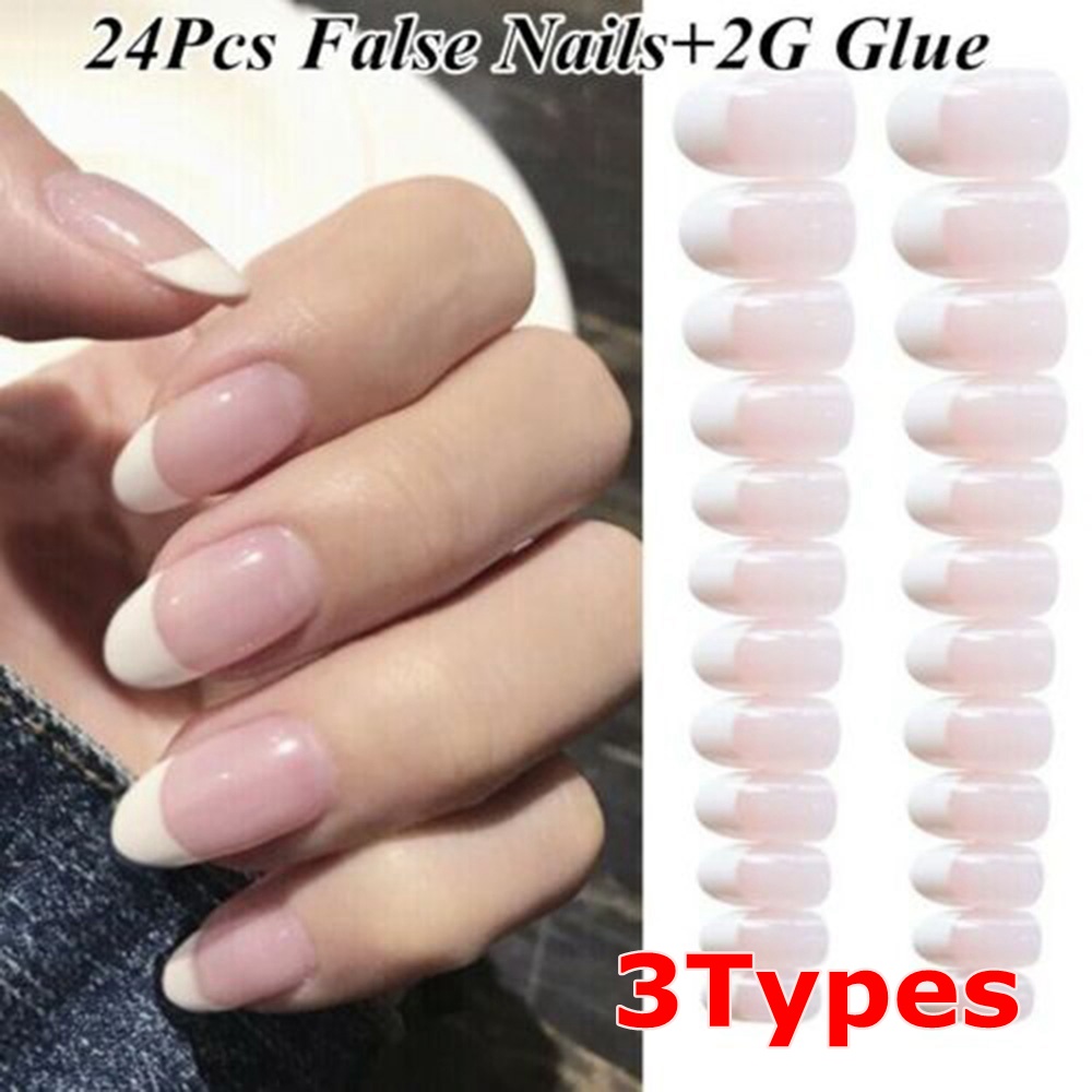 Set 24 Móng Tay Giả 3 Kiểu Màu Hồng Nhạt Kèm Keo Dán