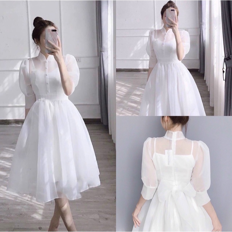ĐẦM TỰ TIỆC TAY PHỒNG THẮT NƠ LƯNG FULL SIZE S/M/L/XL( ânhr và video do chủ shop tự quay 10000%)