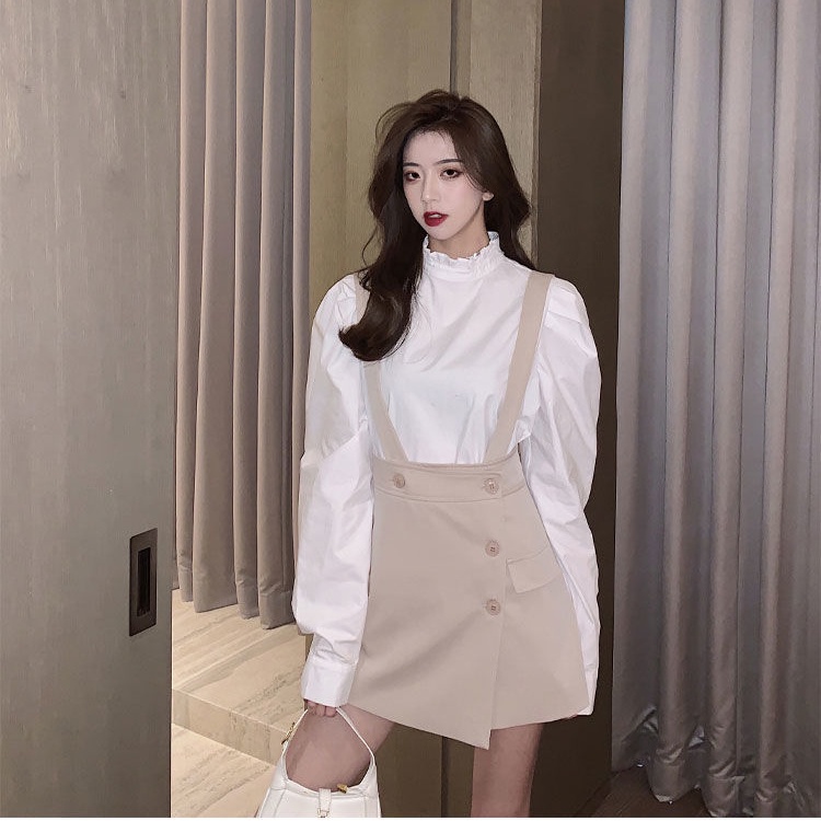 Set Áo Sơ Mi Trắng Và Đầm Yếm Thiết Kế Mới Xinh Xắn Thời Trang Dành Cho Nữ