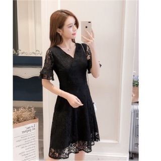 Váy ren cổ V 2 màu đen - nâu