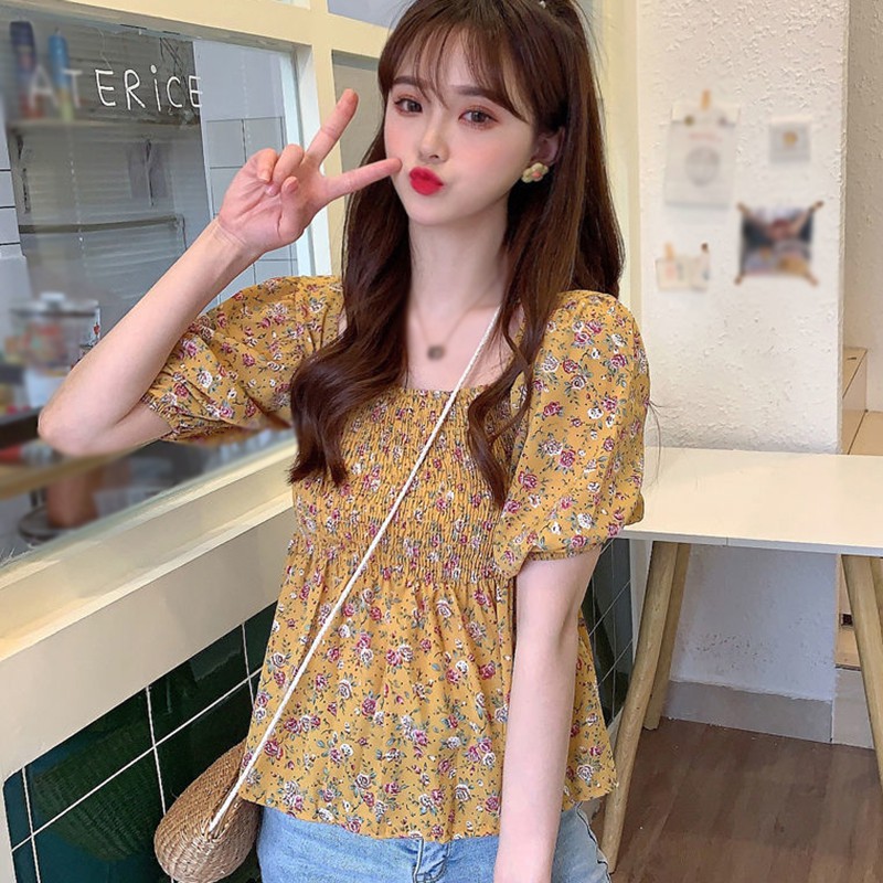 Áo Tay Ngắn Cổ Chữ U Họa Tiết Hoa Xinh Xắn Thời Trang Mùa Hè Dành Cho Nữ